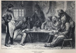 Ontdek Canada: Canadese houthakkers. Tekening door Maillard. Gravure uit het einde van de 19e eeuw in 