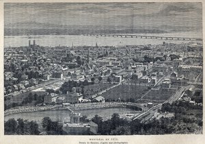 Ontdekking van Canada: uitzicht op de stad Montreal in 1875. Tekening door Benoist naar een foto. Gravure uit het einde van de 19e eeuw in "La nouvelle France" door Eugene Guenin.