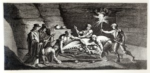 Ontdekking van de botten van een prehistorisch dier, illustratie uit Histoire naturelle de la Montagne Saint-Pierre de Maastricht door Barthelemy Faujas de Saint Fond (1743-1819) 1799 door French School