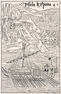 Ontdekking van Santo Domingo, Insula Hyspana, door Christoffel Columbus, Facsimile van een houtsnede van de Epistola Christoferi Colom, uit Wetenschap en Literatuur in de Middeleeuwen door Paul Lacroix, gepubliceerd in Londen 1878 door French School