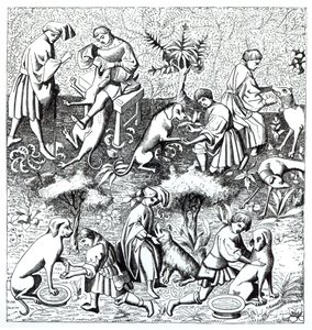 Ziekten van honden en hun genezing, naar een miniatuur in het manuscript van Gaston de Foix door French School
