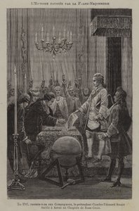 Verdraaiing van de geschiedenis door de vrijmetselaars: de vermeende oprichting van een kapittel van Rozenkruisers door de pretendent Charles Edward Stuart in Arras in 1747 (gravure)