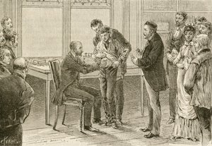 Dokter Pasteur onderzoekt jongen besmet met hondsdolheid. 19e eeuw (gravure) door French School