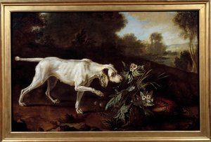 Hond stopt voor het spel. Anoniem schilderij van de Franse school