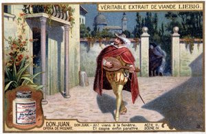 Don Juan in Troubadour: Act II sc. IV van de Mozart opera Don Giovanni - Liebig Chromolithografie, ca. 1900 door French School