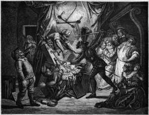 Don Quichot vecht tegen de poppen die hij denkt dat Moren zijn. Gravure door V. Beauce naar het schilderij van Charles Antoine Coypel (1694 - 1752) ter illustratie van de roman door Cervantes (1547-1616). In 