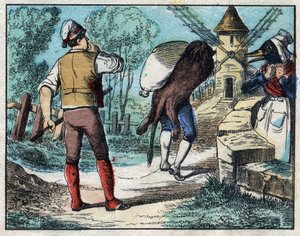Ezel die de huid van de leeuw draagt. Fabels van Jean de La Fontaine. Epinal afbeelding eind 19e eeuw.