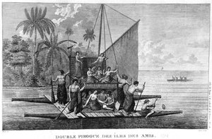 Dubbele Pirogue van de Vriendelijke Eilanden, illustratie uit de Atlas du Voyage a la recherche de La Perouse, 1792