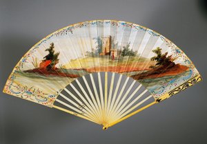 Dubbelbladige handwaaier geschilderd met pastorale scène, ivoor en zilveren ribben, ca. 1760, achterkant