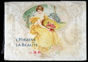 Tekening van een naakte jonge vrouw die hygiëne en schoonheid symboliseert