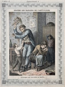 Dronkaard die zijn familie terroriseert, omslag van een schoolschrift, ca. 1900 door French School
