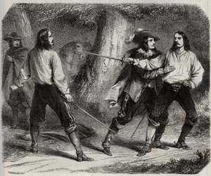 Duel met het zwaard tussen de Burggraaf van Cahuzac en de Markies van Gesvres, op wie de koningin van Frankrijk Anne van Oostenrijk verliefd is, in het bos van Vincennes. 17e eeuw. Gravure uit 1871 in 