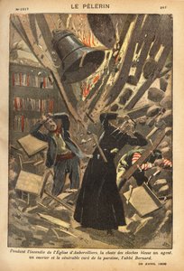 Tijdens de brand van de kerk van Aubervilliers verwondde de val van de klokken een agent, een arbeider en de parochiezorg. Gravure in "Le pelerin" 29/04/1900. Collectie Selva. door French School