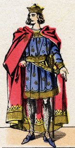 Dynastie van de Capetingers: Portret van Lodewijk VII de Jonge (1120-1180), Koning der Franken van 1137 tot 1180. Epinal afbeelding uit het einde van de 19e eeuw. Privécollectie.