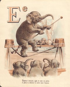 E: Olifant, evenwichtskunstenaar onverschrokken olifant, behendig en vol gratie, ontspant nauwelijks het touw in de ruimte door French School