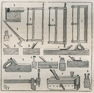 Ebenisterie: gebruikelijke gereedschappen, zagen en schaven. Gravure uit 1885 in Les arts et métiers illustrés door Adolphe Bitard. door French School