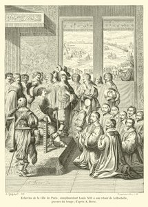 Schepenen van de stad Parijs, complimenterend Lodewijk XIII bij zijn terugkeer uit La Rochelle, gravure uit die tijd; naar A Bosse