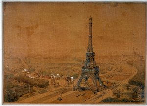 Eiffeltoren project van de wedstrijd van 1886 afgewezen voor de tentoonstelling van 1889. Tekening van 1886. Parijs, Nationaal Archief door French School