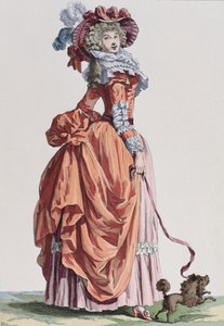 Elegante vrouw met haar hondje, modeplaat uit Galerie des Modes et Costumes Français, gegraveerd door Bacquoy door French School