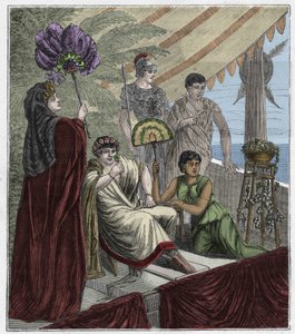 Smaragdblad gebruikt als optisch instrument door keizer Nero, keizer van Rome (54-68 AD) die gladiatorengevechten bekijkt door een concave geslepen smaragd als lens om zijn bijziendheid te corrigeren - Gravure in 