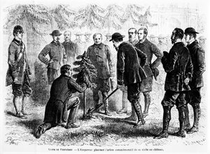 Keizer Napoleon III plant een boom in Ferrières, het huis van Baron James de Rothschild, ter herdenking van zijn bezoek, uit Le Monde Illustré, 2 november 1862 door French School