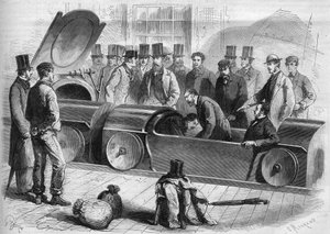 Engeland 1865: London Air Railway. De hertog van Buckingham en verschillende leden van het gezelschap begonnen de pneumatische reis. Gravure uit 1865