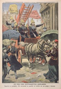Engelse suffragettes verkleed als brandweermannen, uit Le Petit Journal, 3 april 1910