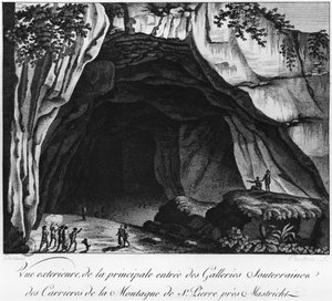 Ingang van de ondergrondse steengroeven, illustratie uit Histoire naturelle de la Montagne Saint-Pierre de Maastricht door Barthelemy Faujas de Saint Fond (1743-1819) 1799