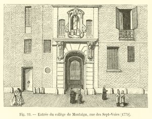 Ingang van het college van Montaigu, rue des Sept-Voies, 1779 door French School