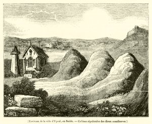 Omgeving van de stad Upsal, Zweden, Grafheuvels van de Scandinavische goden (gravure) door French School
