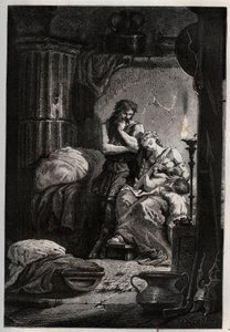 Eponine en haar man Julius Sabinus die clandestien in een grot leven om te ontsnappen aan keizer Vespasianus - Sabinus en zijn vrouw Eponine, verborgen in een grot - gravure uit 