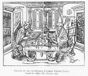 Erasmus en zijn secretaris Gilbert Cousin (houtsnede) door French School