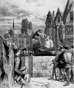 Esmeralda geeft Quasimodo een drankje op de Place de Greve. Illustratie van Notre Dame de Paris door Victor Hugo (1802-1885). Gravure uit 1879. door French School
