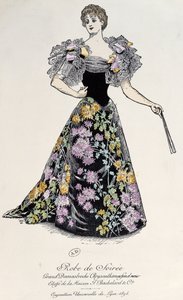 Avondjurk in damast met chrysant brokaat op een zwarte achtergrond, 1894 door French School