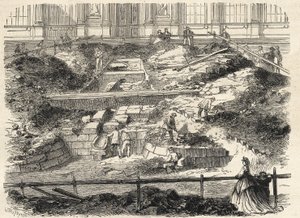 Opgravingen in de Cour Carrée du Louvre - Ontdekking van de fundamenten van de voormalige toren van Philippe Auguste - Opgravingen uitgevoerd in de binnenplaats van het Louvre - blootlegging van de fundamenten van de voormalige Tour Philippe-Auguste - Grav door French School