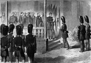 Expeditie naar Mexico (1861-1867): Napoleon III (1808-1873) overhandigt de sergeanten van de regimenten van de grenadiers van de garde de vlaggen die door het Franse leger in Mexico zijn veroverd
