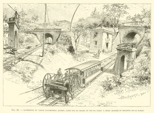 Ervaring met de Agudio kabeltrein, Uitgevoerd op de spoorlijn van Turijn naar Genua, Klimmen en dalen van de helling (gravure) door French School