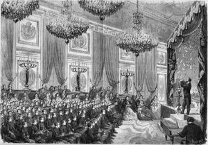 Fysische experimenten uitgevoerd door Henri Robin (ca. 1803-1874) ter ere van de beste leerlingen van de Lyceums van Parijs, een show aangeboden door de Keizerlijke Prins in het Palais des Tuileries, op 27 januari 1865. Aanwezig: de Keizerlijke Prins, zoon door French School