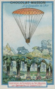 Experimenteren met parachutespringen in Parc Monceau door Andre-Jacques Garnerin (22 oktober 1797)