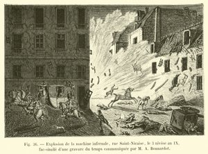 Explosie van de hellemachine, rue Saint-Nicaise, op 3 nivôse jaar IX, fac-simile van een gravure uit die tijd meegedeeld door M A Bonnardot door French School
