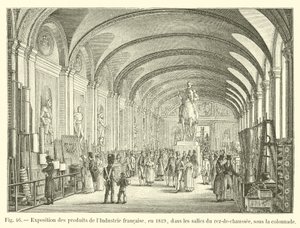 Tentoonstelling van Franse industriële producten, in 1819, in de zalen van de begane grond, onder de colonnade