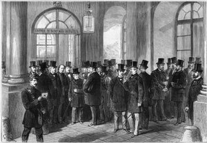 Verlenging van de presidentiële termijn van maarschalk Mac-Mahon, instelling van het septennat in Frankrijk, november 1873: zicht op de ingang van de Assemblée de Versailles, op de dag van de discussie over de verlenging. Van links naar rechts