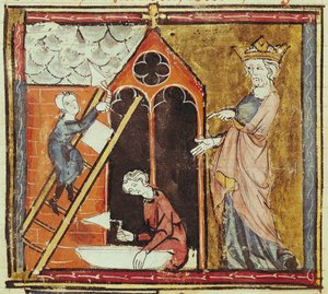 F.235v Koning Lodewijk VI kijkt naar de bouw van een kerk, uit de Grandes Chroniques de France door French School