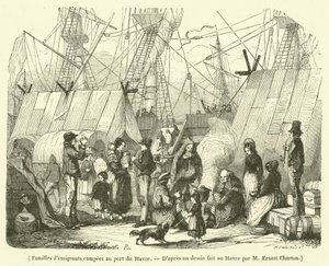 Emigrantengezinnen kamperen in de haven van Le Havre (gravure) door French School