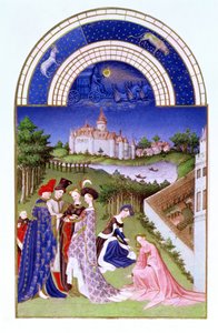 Facsimile van april: hoffelijke figuren in de kasteeltuinen, uit de Tres Riches Heures du Duc de Berry