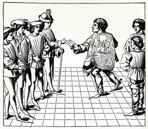 Mode en Manier van de Koning van Wapens, uit de Tournois du roy Rene, illustratie uit Wetenschap en Literatuur in de Middeleeuwen en Renaissance, geschreven en gegraveerd door Paul Lacroix, 1878 door French School