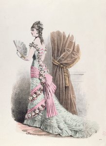 Modeplaat van een vrouw in avondjurk en met een waaier, 1877 door French School