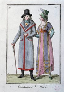 Mode onder het Directoire: een stel elegante Parijzenaars. Anonieme lithografie van 1795. Parijs, kostuummuseum door French School