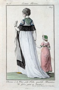 Mode onder het Directoire: elegante jonge Parijse vrouw gekleed in de Titus, gaasmantel met kant. 1797. Parijs, kostuummuseum door French School