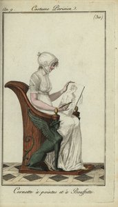 Modieuze vrouw met cornett hoed in een kunstklas door French School